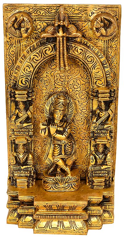 7" FLUITING KRISHNA WITH MUSICIANS ON ALMOND-SHAPED AUREOLE In Brass | Handmade | Made In India