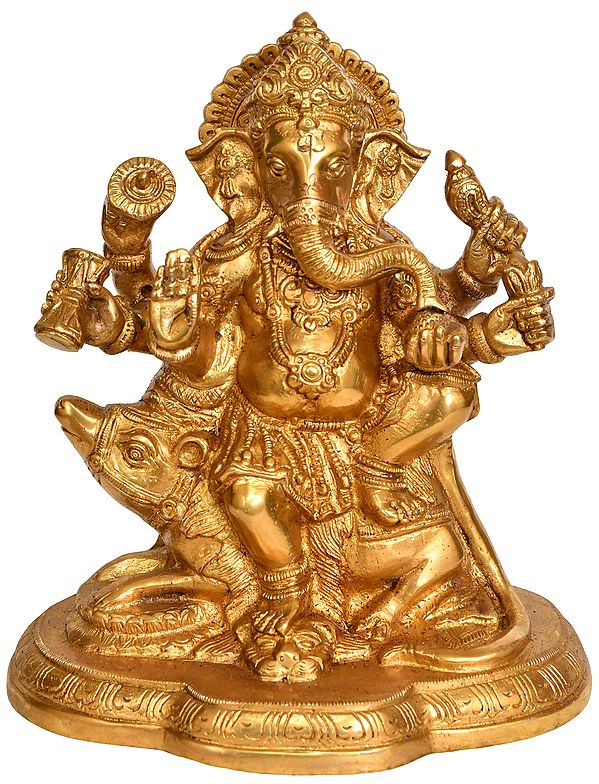 8" Six Armed Ganesha Riding His Vehicle In Brass | Handmade | Made In India
