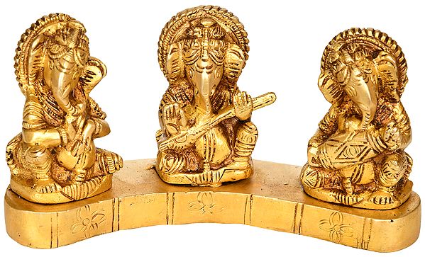 7" Triple Musician Ganesha In Brass | Handmade | Made In India