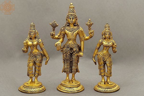 6" Lord Vishnu with Shridevi and Bhudevi In Brass | Handmade | Made In India