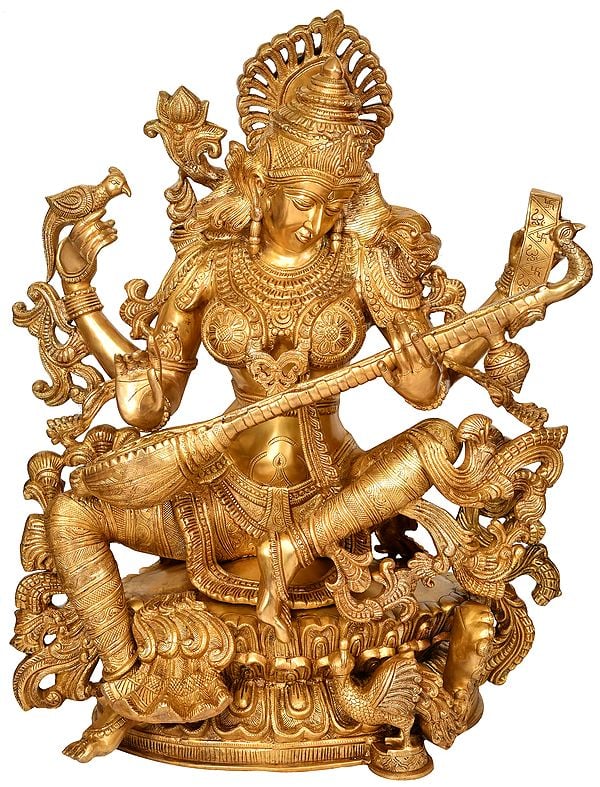 37" Large Size Goddess Saraswati In Brass | Handmade | Made In India