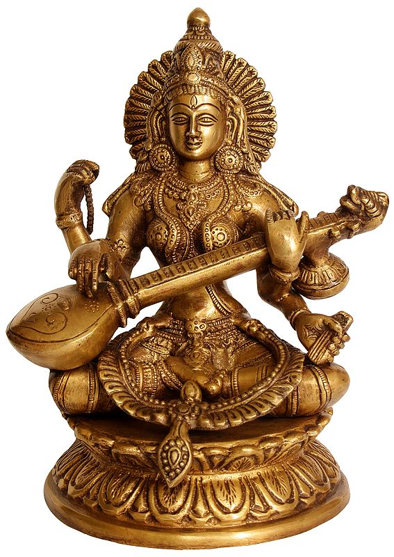 9" Goddess Saraswati Brass Statue | Handmade | Made In India