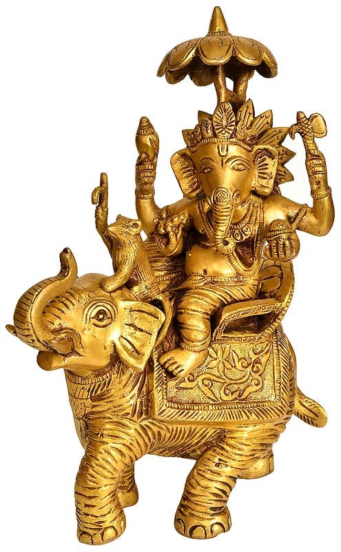 9" Ganesha Idol on an Elephant with His Mouse | Handmade Brass Statue | Made in India