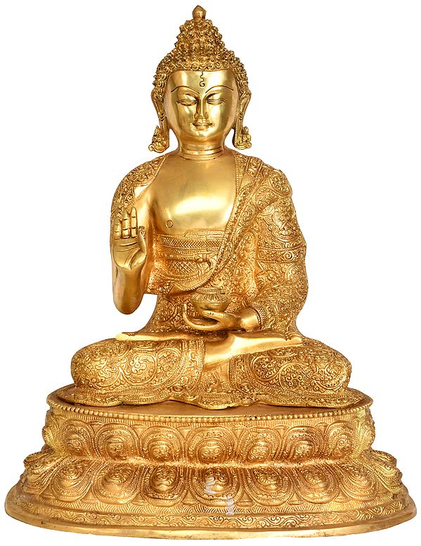16" Preaching Buddha Seated On Double Lotus Pedestal with Superfine Carved Robe -Tibetan Buddhist In Brass | Handmade | Made In India