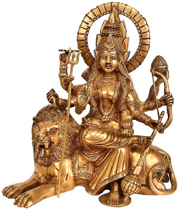 12" Ashtabhuja-Dhari Durga Seated on Lion In Brass | Handmade | Made In India