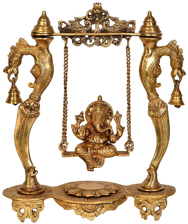 15" Ganesha Swing with Yali Pillars and Bells in Brass | Handmade | Made in India