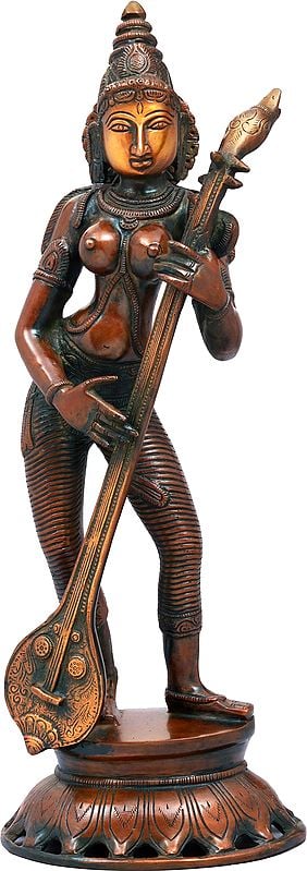 17" Standing Goddess Saraswati Idol Playing Veena | Handmade | Made in India