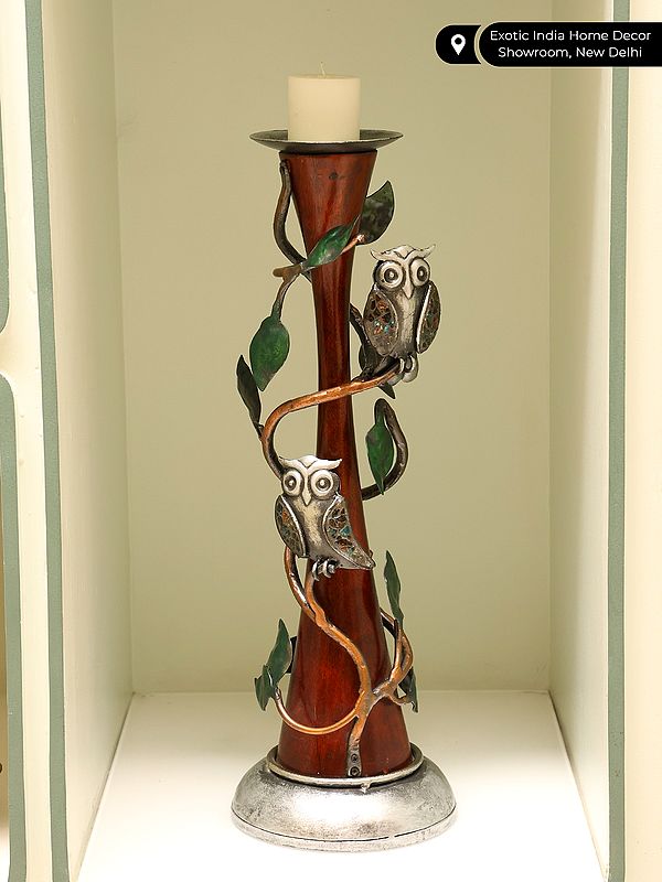 19" Decorative Owl Candle Holder Handmade Exotic India Art