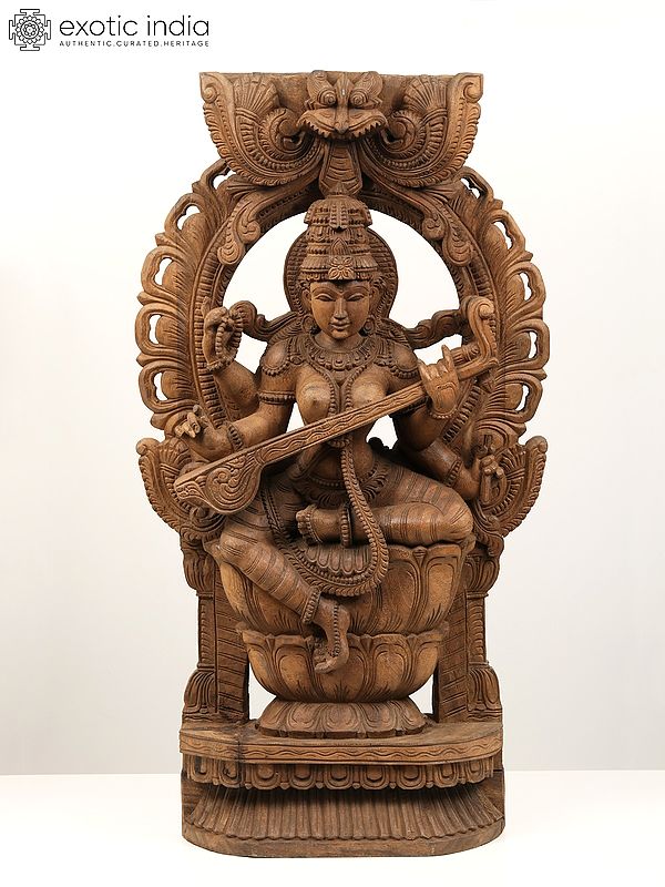 36" Large Devi Saraswati Idol Seated on Kirtimukha Throne | Wood Carved Statue