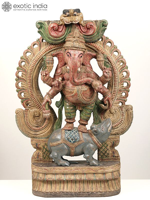 36" Large Six-Armed Lord Ganesha Standing on Mushak | Wood Carved Statue
