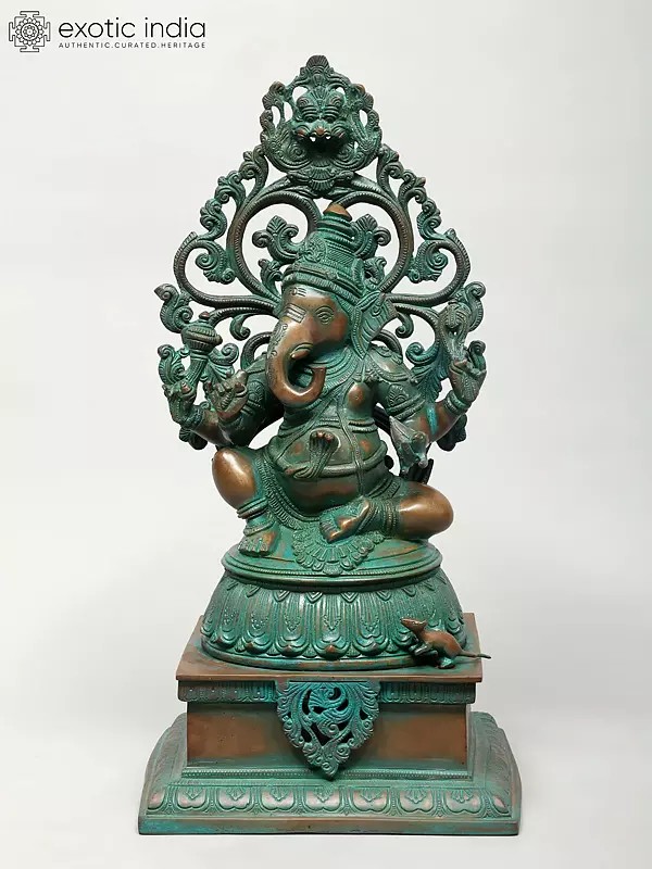 20" Lord Ganesha Seated on High Pedestal with Kirtimukha