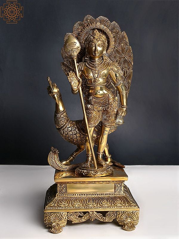 12'' Brass Standing Lord Karttikeya (Murugan) with Peacock