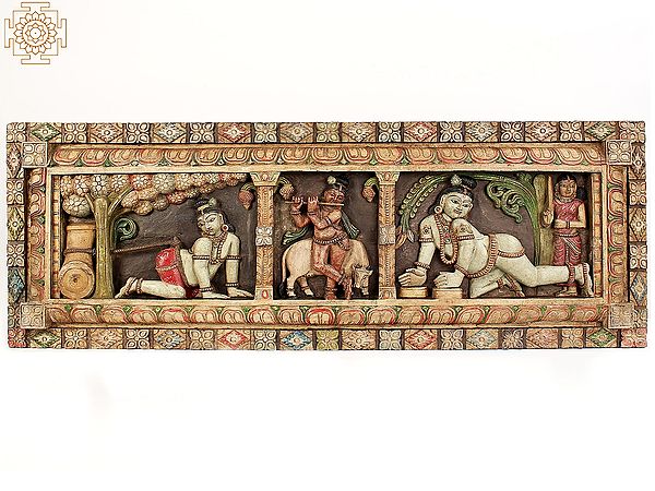 62" Large Wooden Krishna Lila | Wall Panel