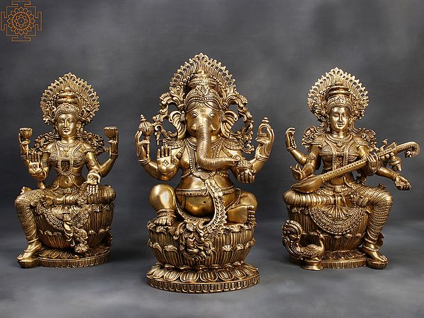 26" Set of Lakshmi, Ganesha and Saraswati Brass Statue