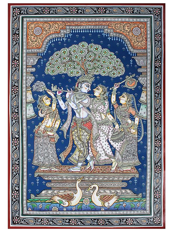 Tussar Silk Painting of Divine Pair Radha Krishna | Patachitra Artwork By ‎Ratikanta Moharana