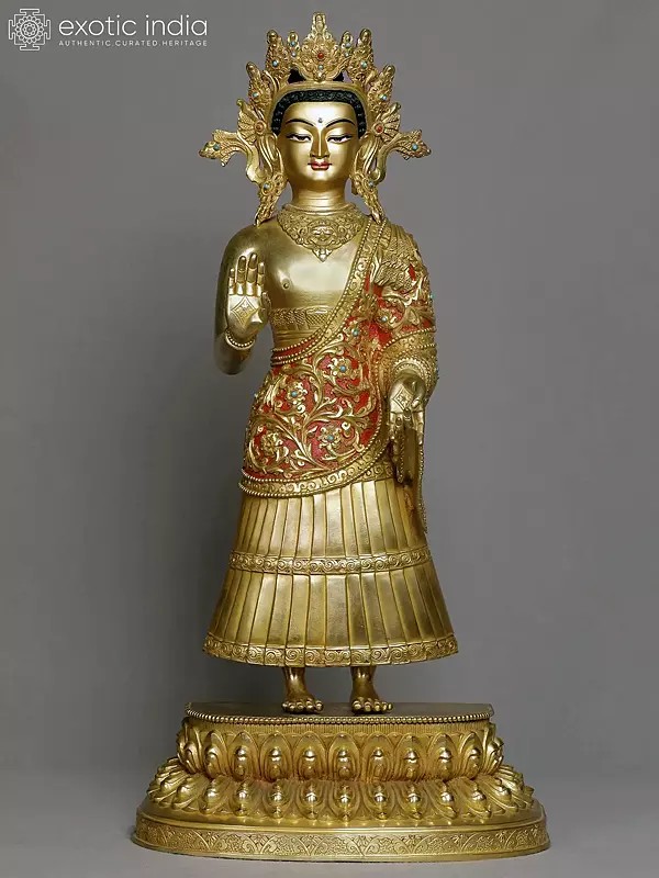 20" Dipankara Buddha Copper Idol from Nepal | Copper Statue Gilded with Gold