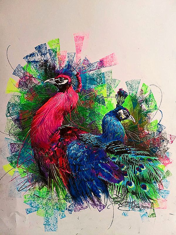 Pair of Peacock | Oil Pastels on Paper