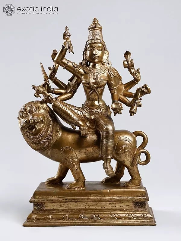 14'' Eight Armed Goddess Durga Seated on Lion | Madhuchista Vidhana (Lost-Wax) | Panchaloha Bronze from Swamimalai
