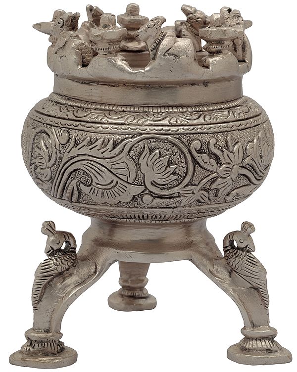 5" Incense Burner with Nandi, Shiva Linga and Peacock Legs in Brass
