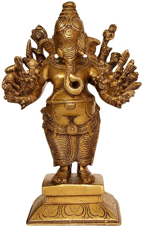 9" Sixteen-Armed Standing Ganesha In Brass | Handmade | Made In India