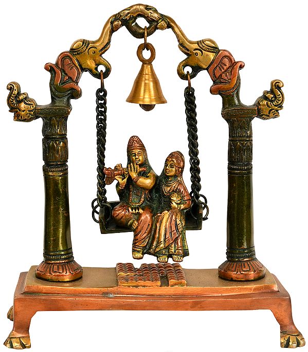 9" Radha Krishna on a Swing with Bell Atop In Brass | Handmade | Made In India