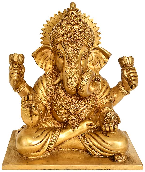 10" Lord Ganesha Wearing a Kirtimukha Crown and Holding Lotus Flowers In Brass | Handmade | Made In India