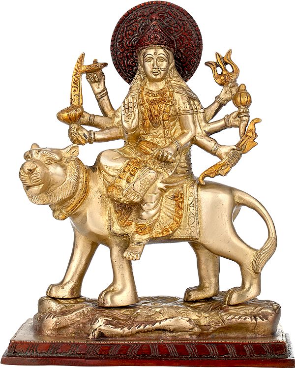9" Brass Goddess Durga Statue Seated on Lion | Handmade | Made in India