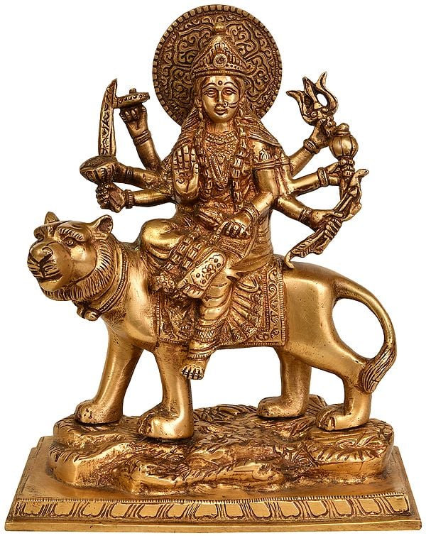 9" Brass Goddess Durga Statue Seated on Lion | Handmade | Made in India