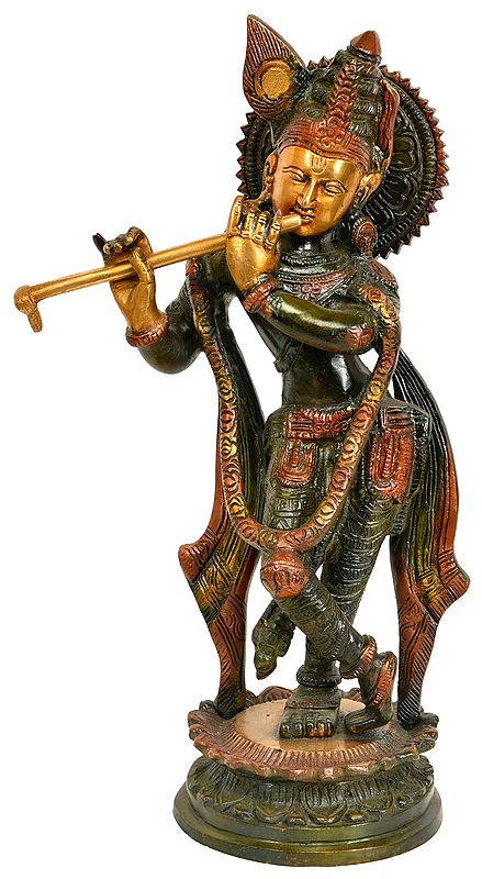 11" Lord Krishna Playing Flute In Brass | Handmade | Made In India