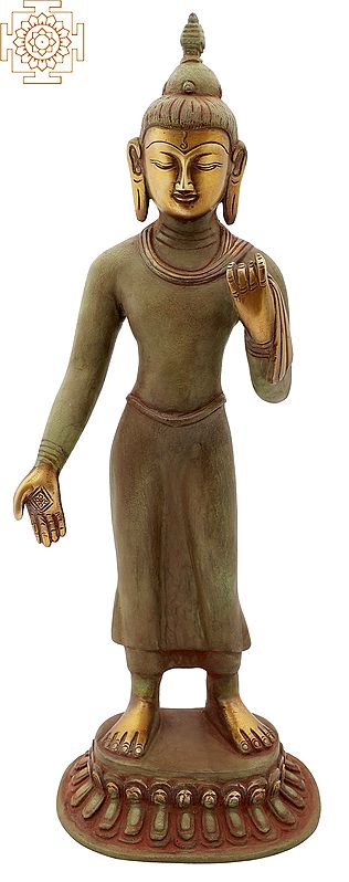 14" Standing Thai Buddha In Brass | Handmade | Made In India
