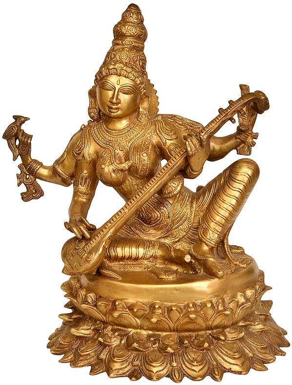 18" Four-Armed Goddess Saraswati In Brass | Handmade | Made In India