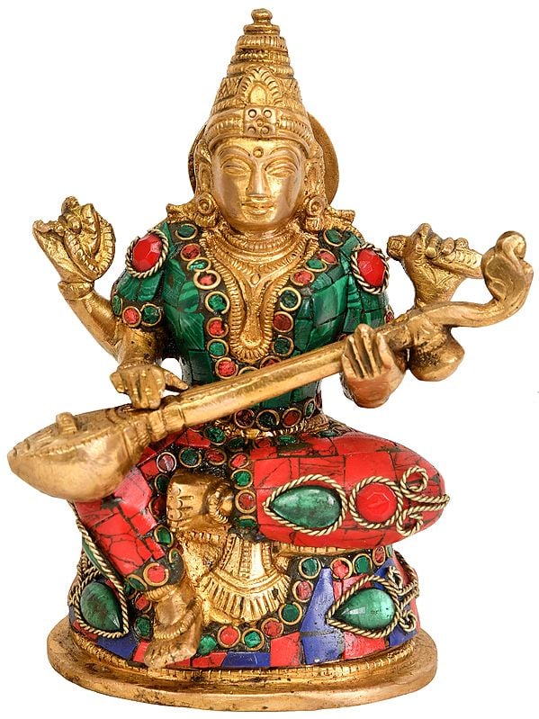 5" Goddess Saraswati Playing Veena In Brass | Handmade | Made In India