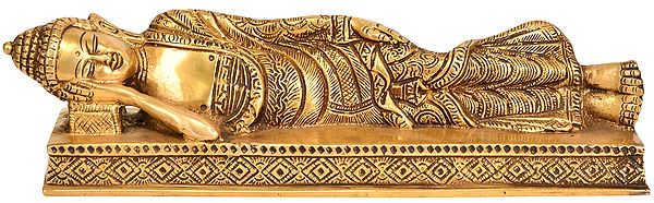 10" Tibetan Buddhist Deity - Mahaparinirvana Buddha (Robes Decorated with Floral Motifs) In Brass | Handmade | Made In India