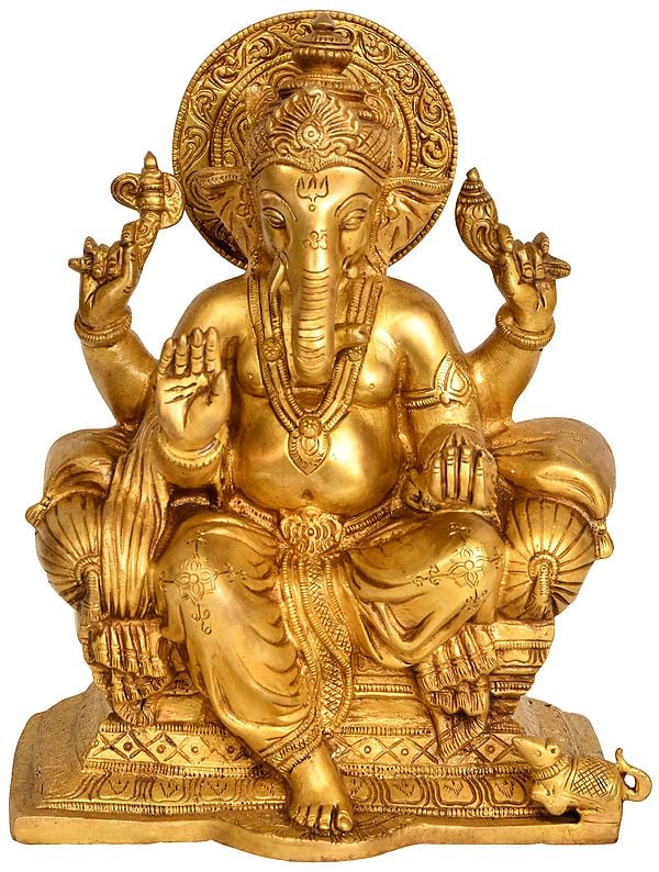 9" Brass Lord Ganesha Statue Seated on Throne | Handmade | Made in India