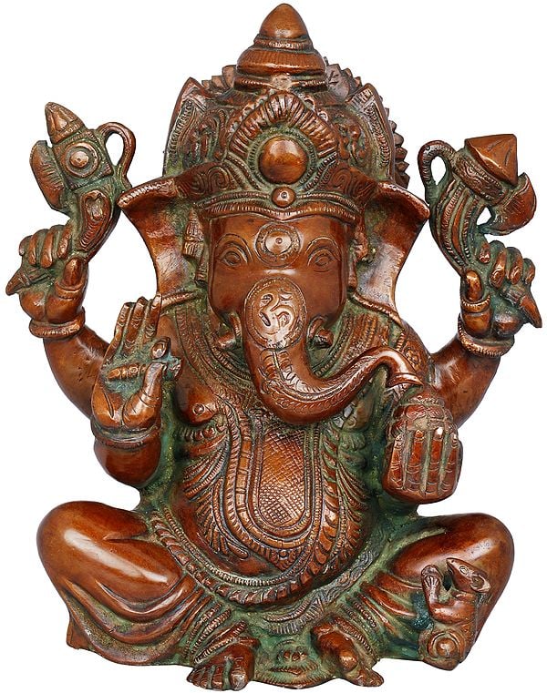9" Chaturbhuja Ganesha In Brass | Handmade | Made In India