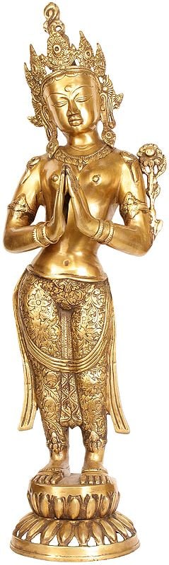 30" Namaste Lady Brass Sculpture | Handmade | Made in India