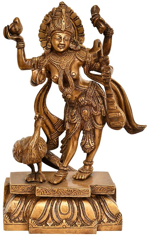 11" Goddess Saraswati Standing in Tribhanga with a Peacock In Brass | Handmade | Made In India