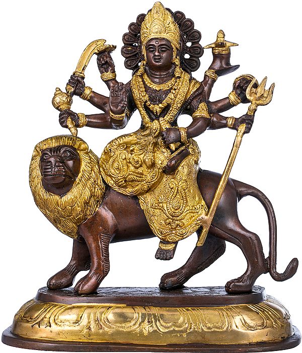11" Ashtabhuja-Dhari Durga Wearing a Decorated Sari In Brass | Handmade | Made In India