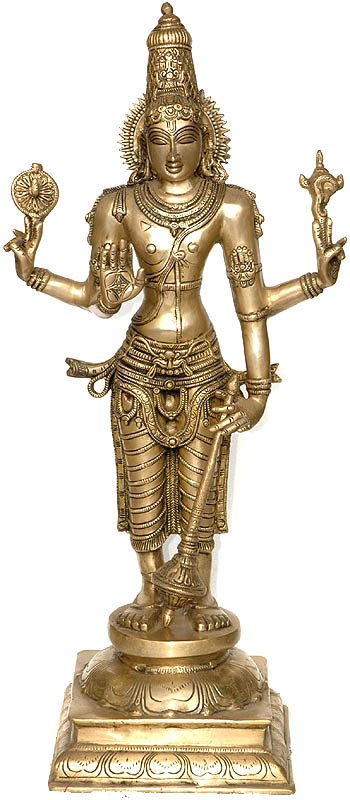 30" Lord Vishnu Brass Sculpture | Handmade Home Temple Idol