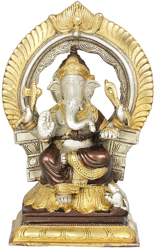 9" Seated Lord Ganesha with Prabhavali In Brass | Handmade | Made In India