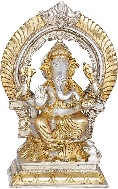 9" Seated Lord Ganesha with Prabhavali In Brass | Handmade | Made In India