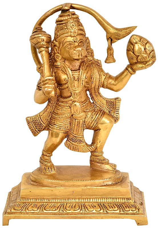 6" Brass Lord Hanuman Statue Holding Mount of Sanjeevani Herbs
