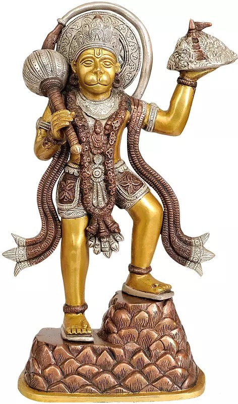 Lord Hanuman Carrying Mountain of Sanjeevani Herbs In Brass | Handmade | Made In India