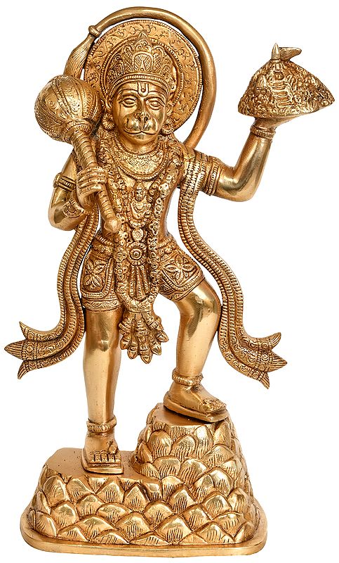 14" Lord Hanuman Carrying Mountain of Sanjeevani Herbs In Brass | Handmade | Made In India