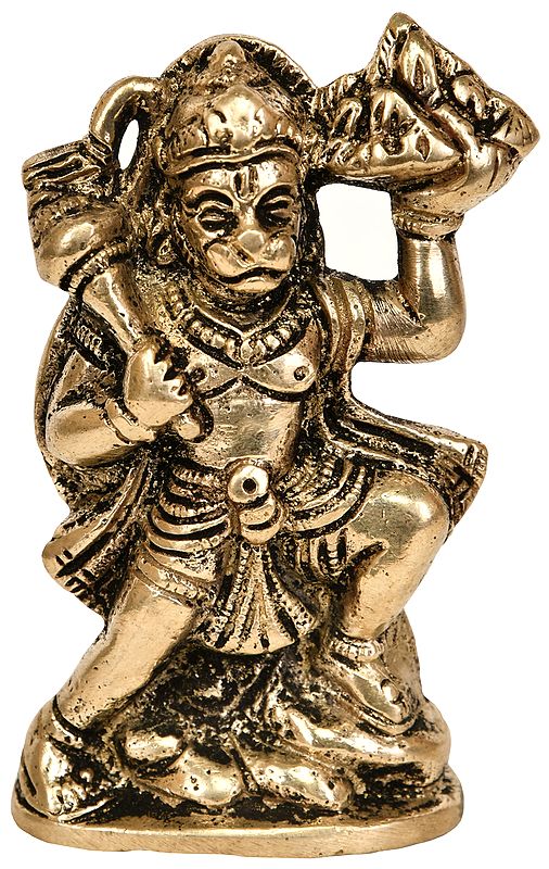 3" Brass Lord Hanuman Idol Holding Mount of Sanjeevani Herbs | Handmade