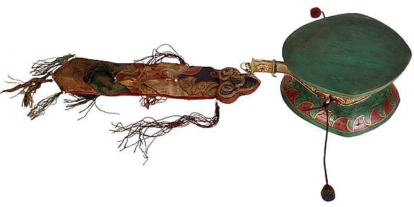 Buddhist Ritual Damaru with Silk Tassel and Hanging Brocade