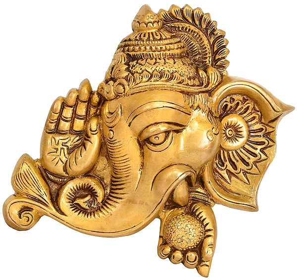 8" Lord Ganesha Blessing Wall Hanging Mask In Brass | Handmade | Made In India