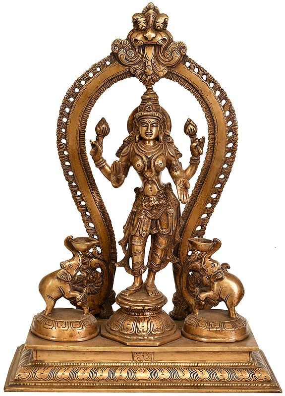 15" Standing Goddess Lakshmi with Two Elephant Diyas (Gajalakshmi) In Brass | Handmade | Made In India