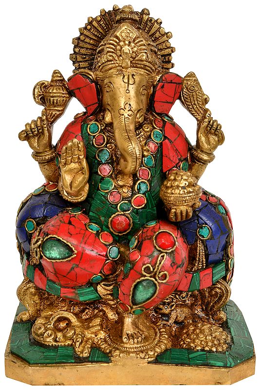 6" Lord Ganesha Brass Idol with Inlay work | Handmade | Made In India