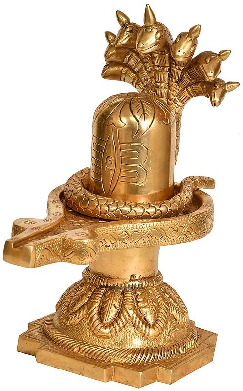 9" Shiva Linga Under Seven Hooded Serpent Protection In Brass | Handmade | Made In India